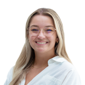 Smiling woman with glasses,long hair on a white background.